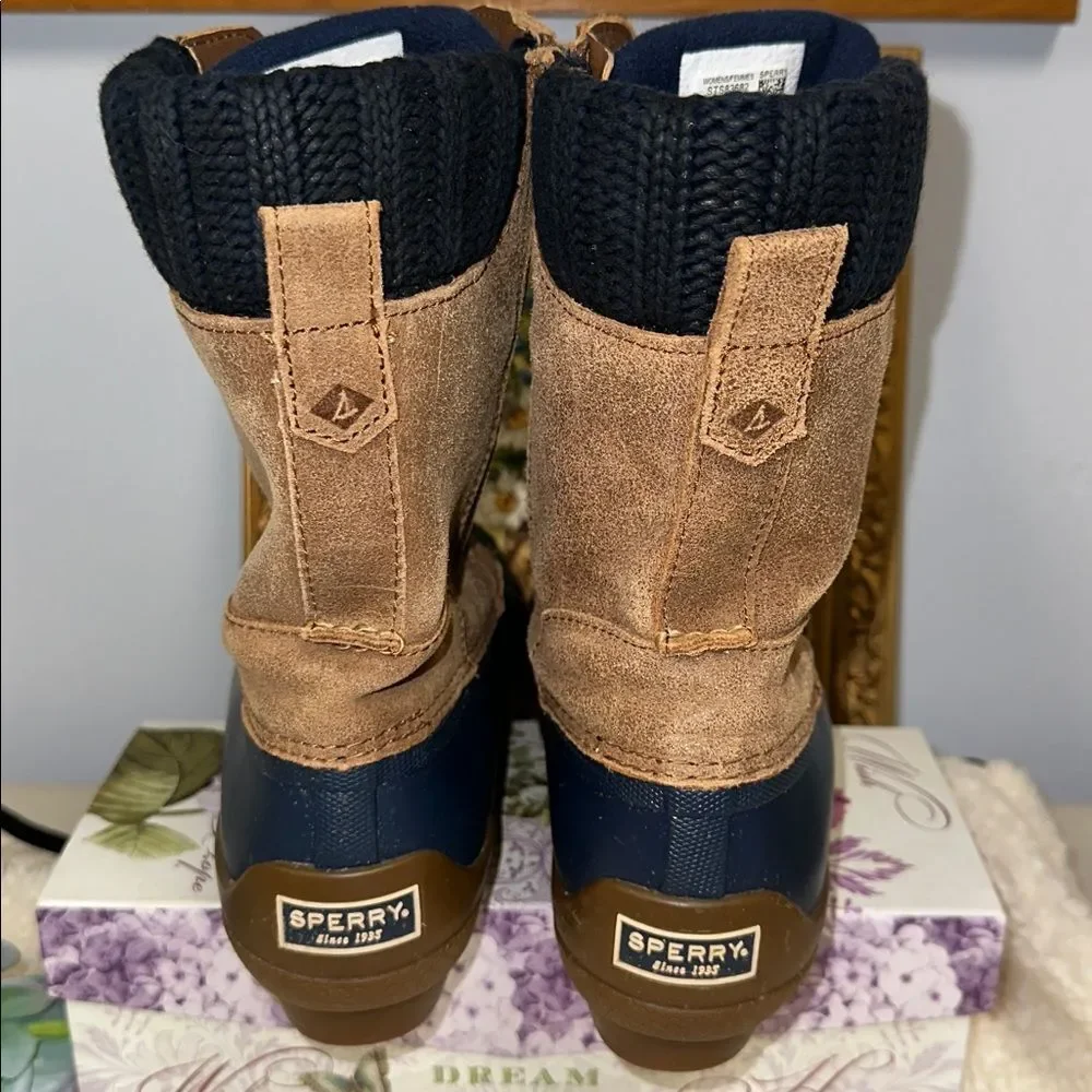 SPERRY 7.5 Top Sider Syren Misty Tan Navy Lace Leather Saltwater Duck Boots